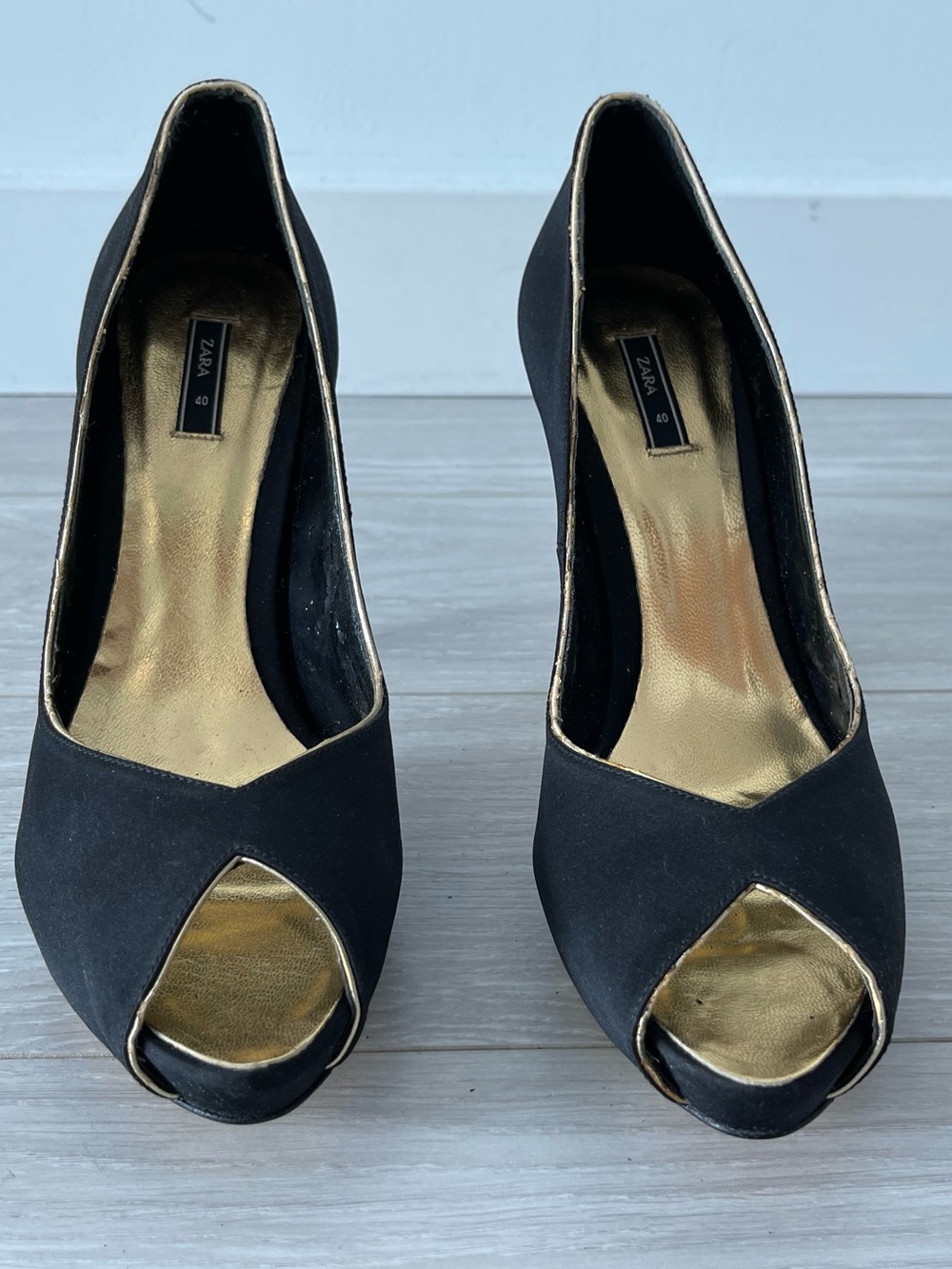Zara Black Peep-Toe Satin Pumps with Gold Trim Size 40